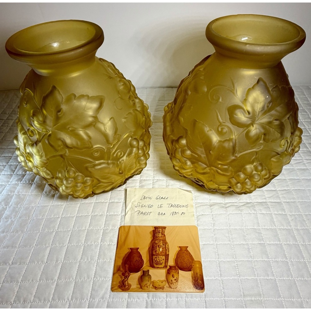 Etaleune Paris France Signed Satin Art Glass Grape Vine Vase Pair Antique - Picture 2 of 16